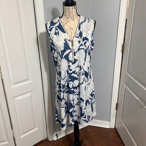 Shoreline Womens Large Blue White Floral Sleeveless Zip Neck Dress